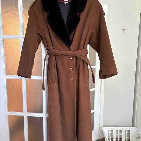 100% pure virgin wool camel trench wrap coat with fur collar - Picture 2 of 5